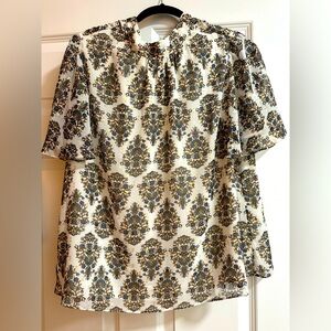 Express White with Blue and Gold detail Mandarin Collar Flowing Blouse